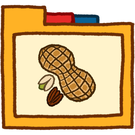 a yellow folder with red and blue tabs. It has an image of a peanut, a pecan, and a pistachio on it